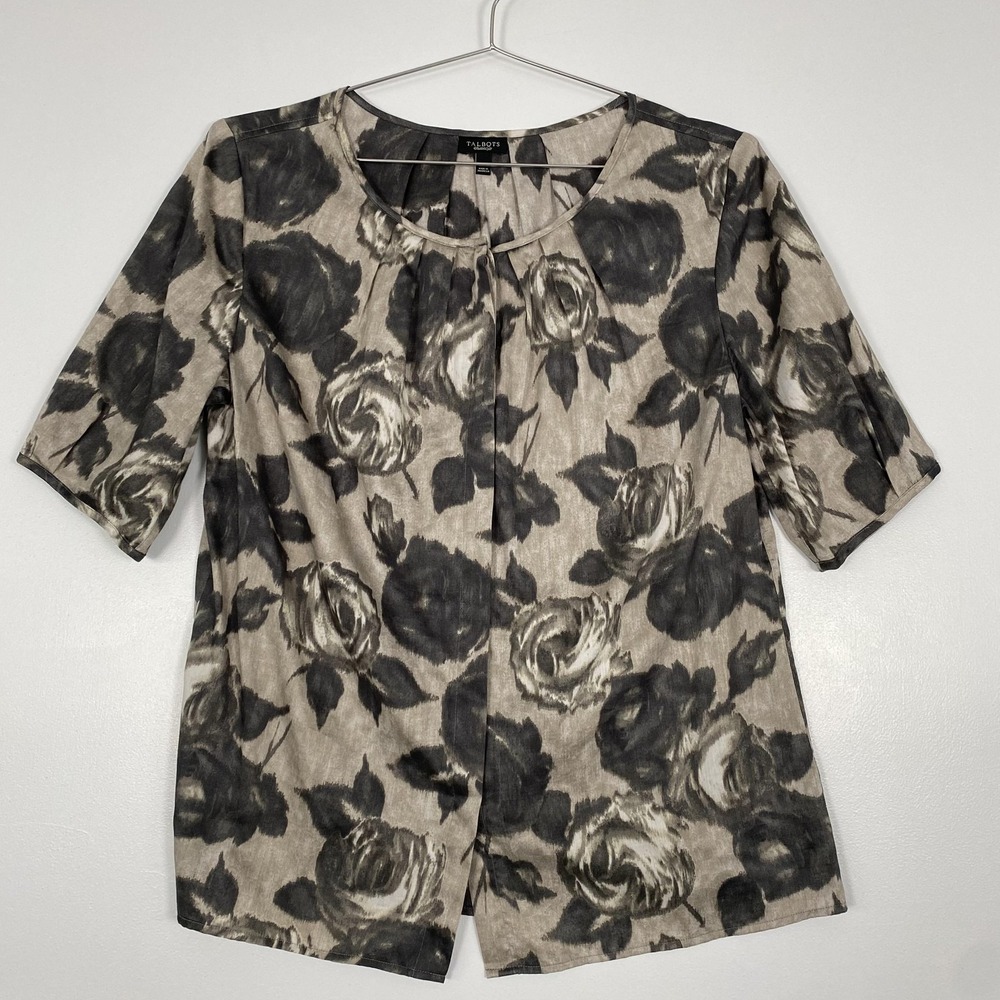 Talbots Shirt Womens 12 Gray Rose Floral Short Sleeve 100% Cotton Top Blouse